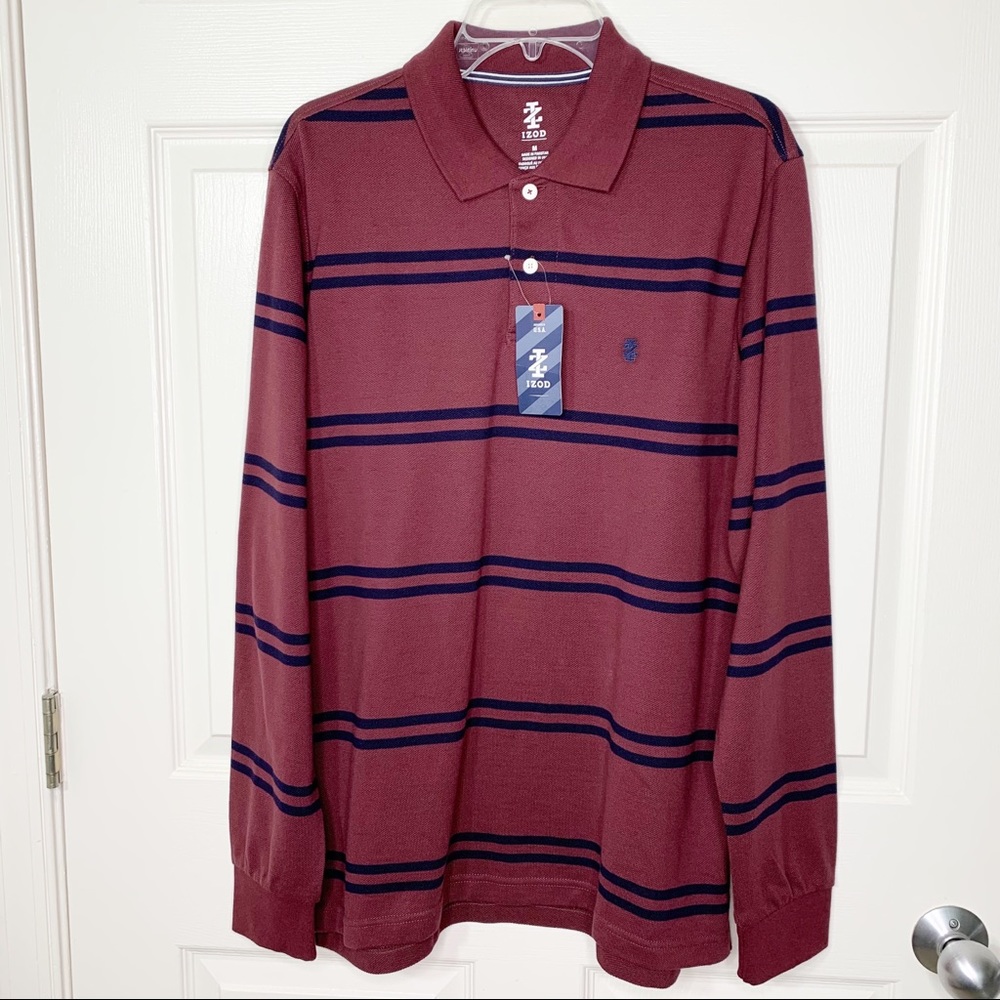 Izod Long Sleeve Striped Polo Shirt in Burgundy and Navy Size M